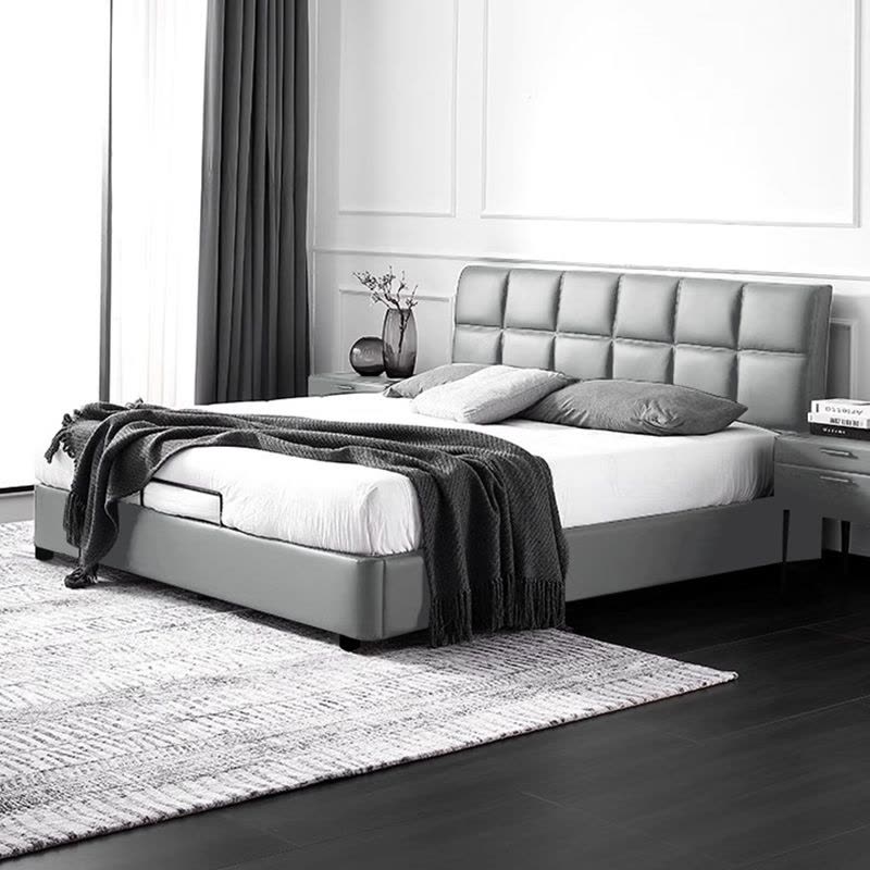 欧梵森意式极简真皮床黑色华夫格主卧小户型婚床现代简约轻奢软包储物床图片