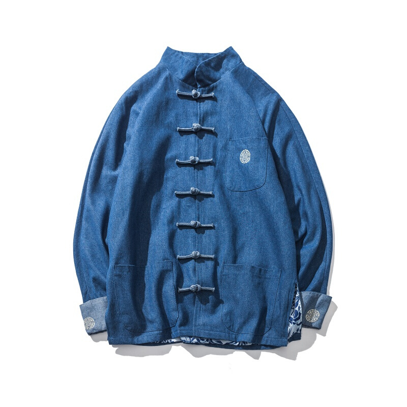 梵克公牛中国风男装盘扣刺绣牛仔衣外套秋装大码复古夹克潮流中式青年