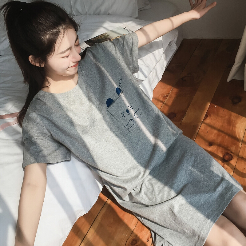 睡衣女夏短袖棉睡裙女夏季韩版可爱少女加大宽松家居服可外穿667灰色口袋小猫猫