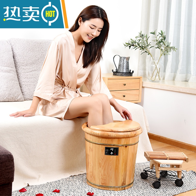JING PING泡脚桶木质40cm高深桶泡脚盆木桶家用实木过小腿木头制足浴洗脚桶高清大图