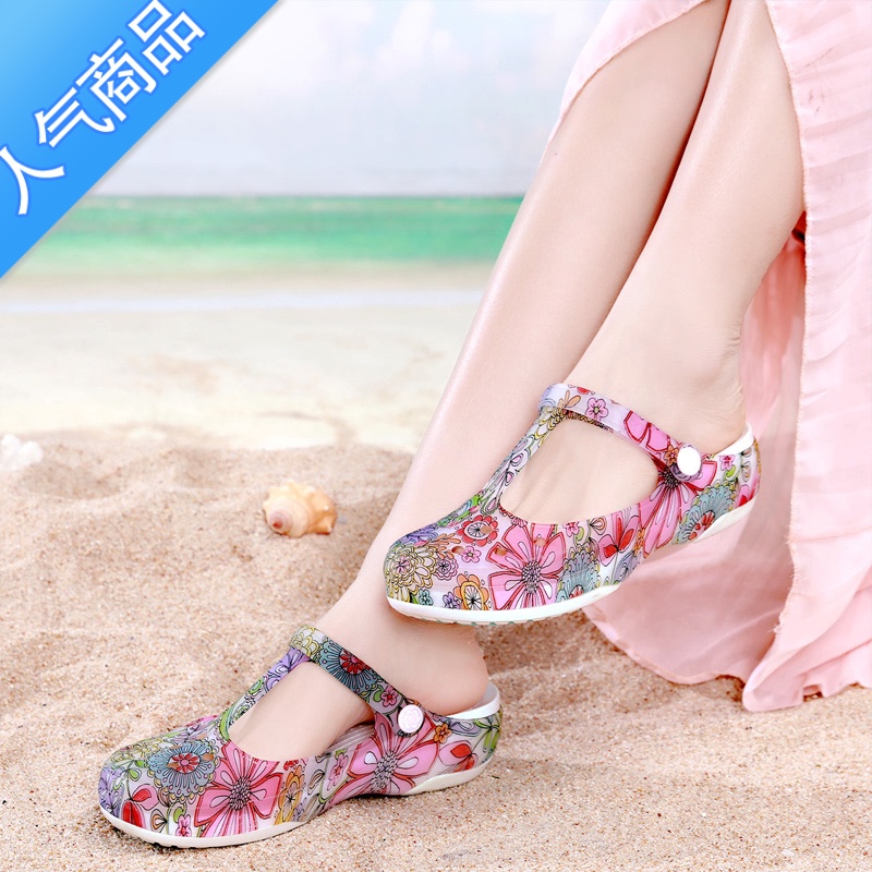 SUNTEK2020新款洞洞鞋女夏百搭韩版厚底防滑孕妇平跟印花果冻沙滩凉鞋高清大图