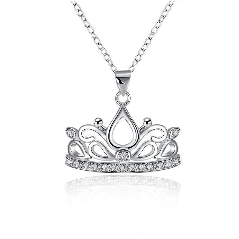 N853 Women Silver Necklace 镀纯银日韩时尚皇冠女水晶项链坠送女朋友七夕情人节礼物