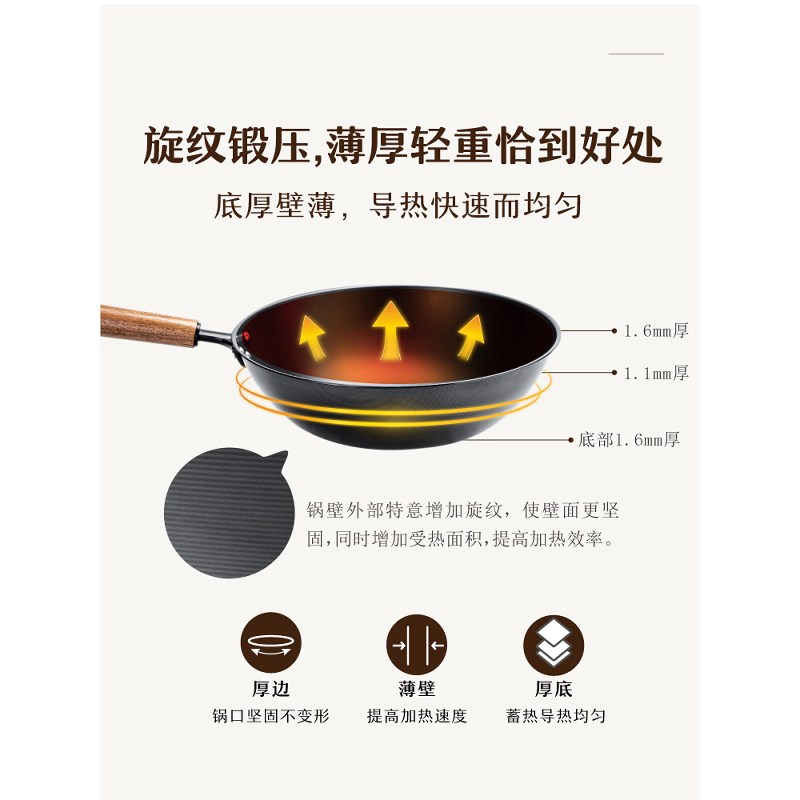 树可小黑鲸不锈熟铁锅家用炒菜锅物理不粘锅无涂层精铁炒锅燃气用 大号33cm高清大图
