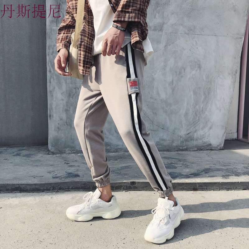 日系男士哈伦裤束脚裤休闲运动卫裤宽松小脚裤条纹9九分长裤子潮
