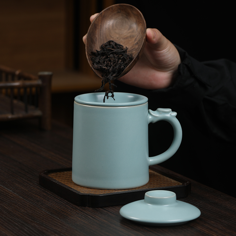 MULTIPOTENT办公杯汝窑开片陶瓷盖杯商务会议泡茶杯汝窑玉脂青君子杯伴手礼盒高清大图