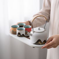 苏氏陶瓷(SUSHI CERAMICS)手绘釉画彩千里江山四色杯温茶套装干泡盘雅白文创伴手礼套组