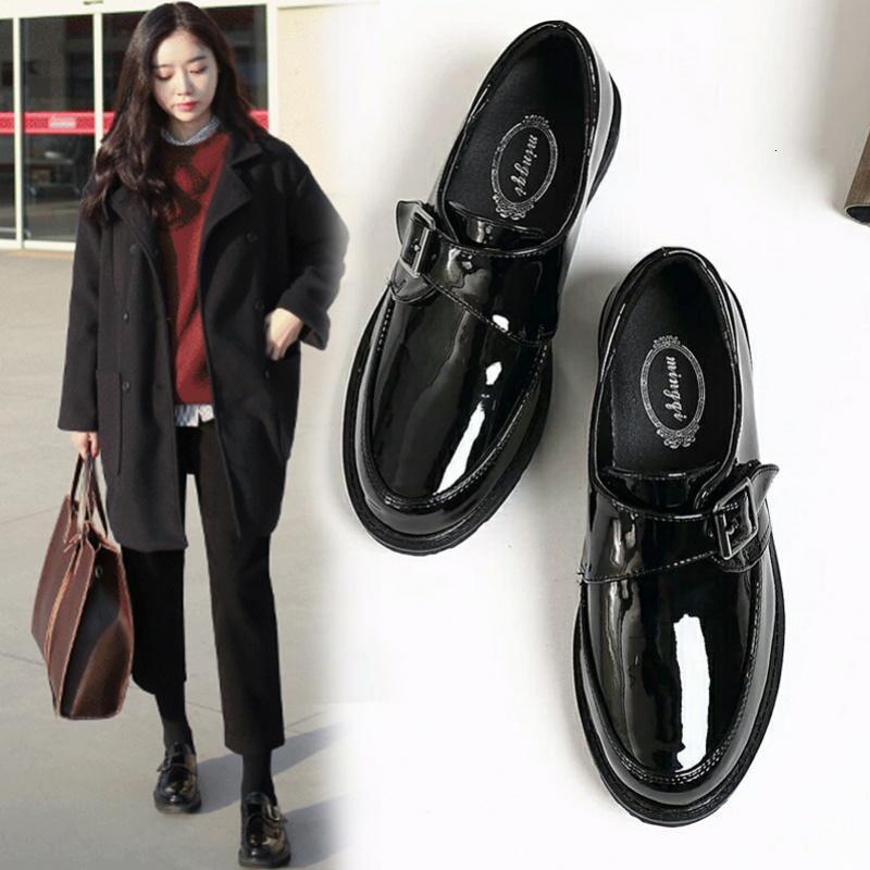 ins黑色小皮鞋女英伦风学院复古冬加绒学生漆皮百搭圆头平底单鞋启如