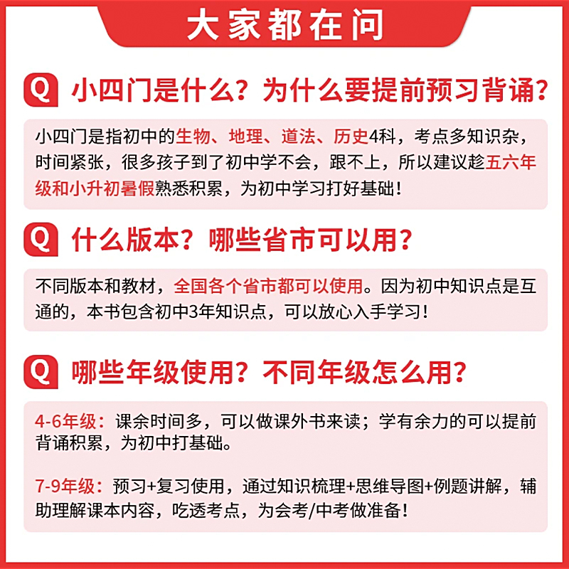 历史 初中通用 [正版]初中小四门必背知识点汇总 2024基础知识大盘点政治历史地理生物全套通用版 初一7七年级下册小四高清大图
