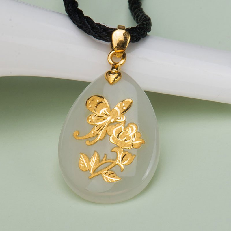 梦克拉和田玉花件金镶玉足金和田玉玫瑰花吊坠蝶恋花金镶玉吊坠女水滴