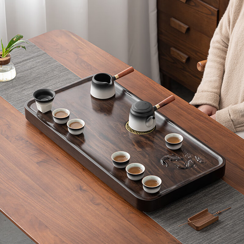 苏氏陶瓷/SUSHI CERAMICS JA19 黑檀木实木正板切割荷花双鱼办公家用排水式茶盘