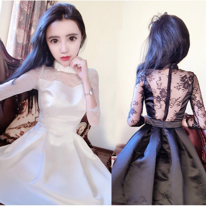 夜店女装时尚性感大露背蕾丝拼接收腰显瘦七分袖百褶蓬蓬连衣裙