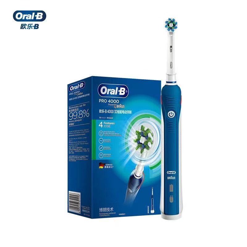 欧乐B(Oral-B)电动牙刷P4000蓝色男女情侣成人声波刷头软毛感应充电牙刷