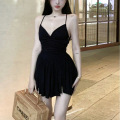 纯欲风甜辣妹性感露背v领挂脖吊带连衣裙女装赫本风小黑裙子 XL 黑色