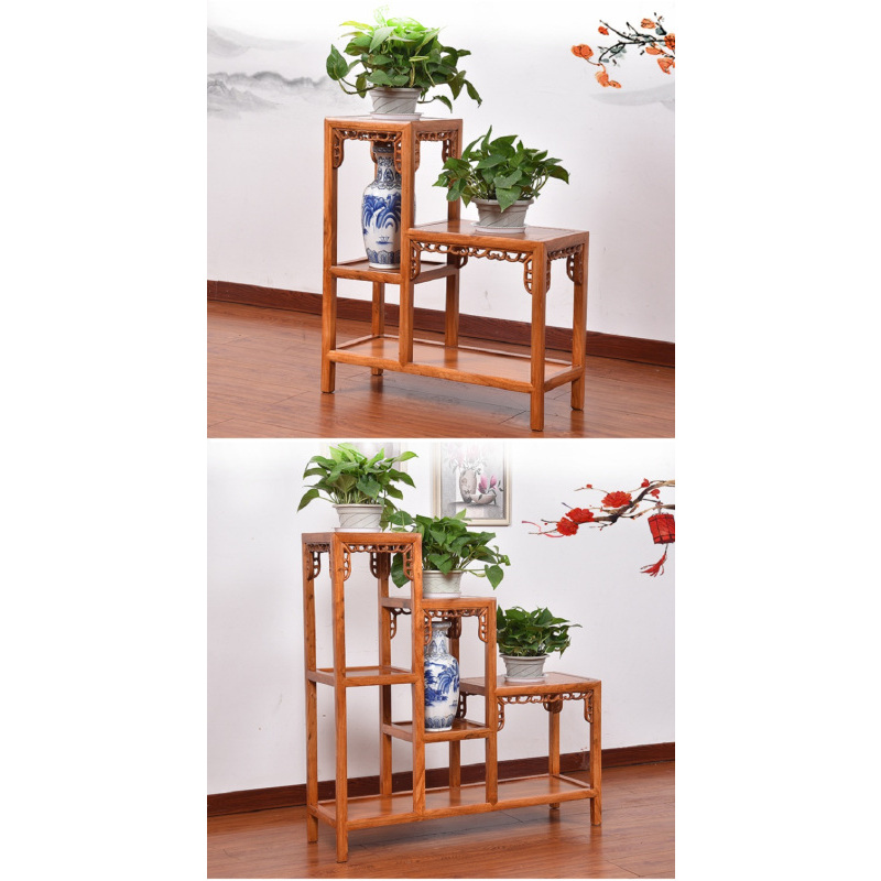 odinhj002中式实木花架连体花架榆木客厅木制红木阳台木质花架子二层