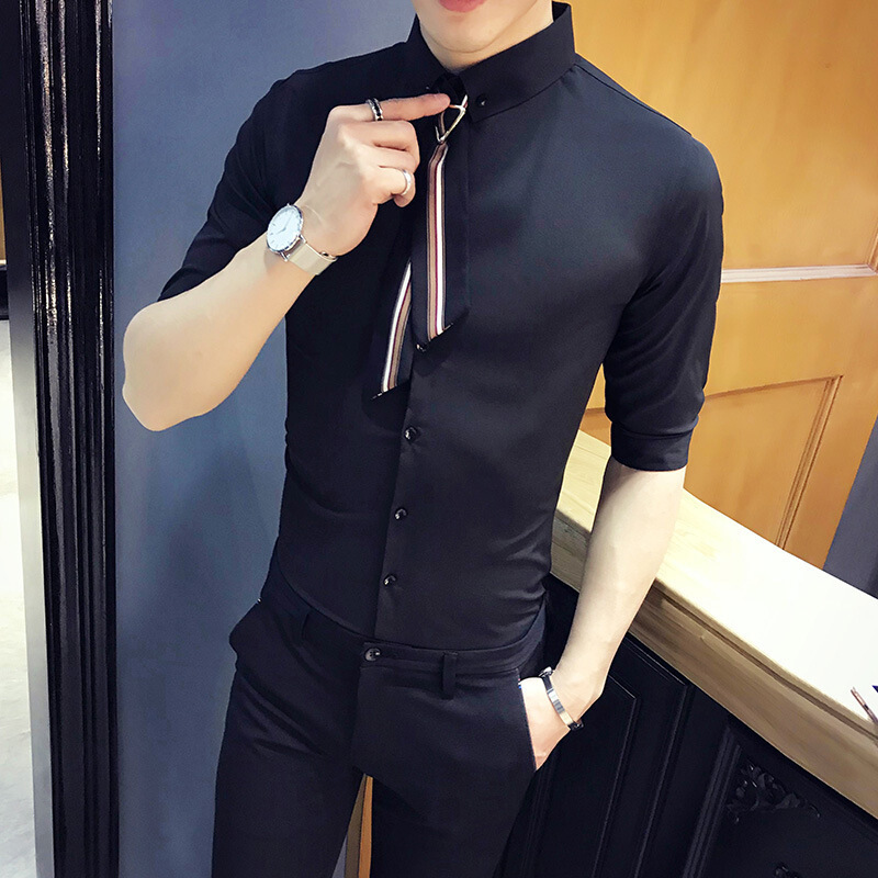 夏季韩版潮流衬衫半袖衬衣男称衫理师上衣服美师服装个性衬褂