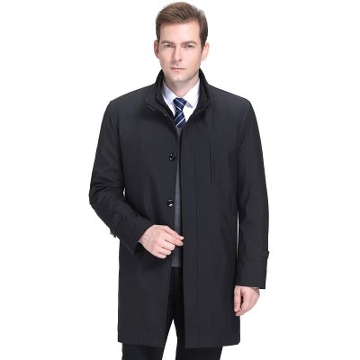 免费试穿 送运费险双立领风衣男中长款加棉内胆中老年大码男装爸爸休闲冬季风衣外套高端外套正品官方旗舰店 黑蓝 170/84A