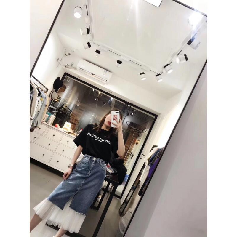 半身裙春季2018新款女装韩版时尚百搭不规则开叉下摆牛仔半身中裙蓝色