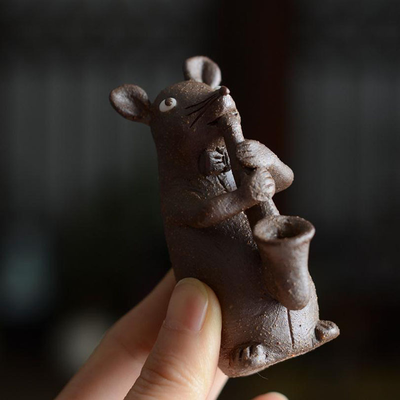 美帮汇茶宠老鼠茶桌功夫手玩粗陶小摆件精品可养手工捏制可做香插两用