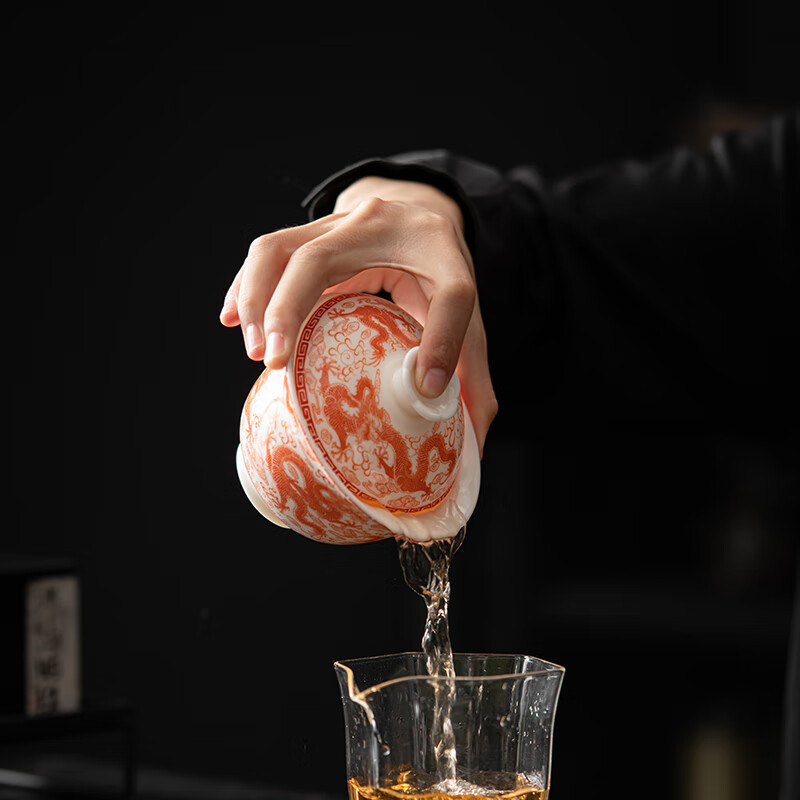 苏氏陶瓷(SUSHI CERAMICS) J0931 红九龙纹三才盖碗 160ml (单位:盒)高清大图