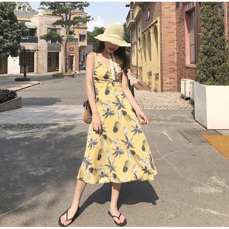 港味复古夏季度假菠萝印花交叉V领露背带连衣裙女长裙