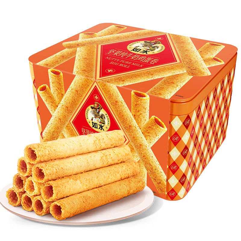 如水 坚果纯牛奶鸡蛋卷468g 饼干 曲奇特产糕点 老年人休闲零食 铁盒装图片