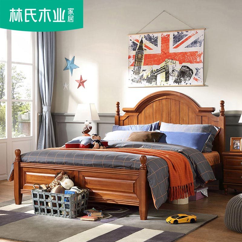 林氏木业美式乡村全实木儿童单人床15米青少年男孩床儿童房家具fa1a