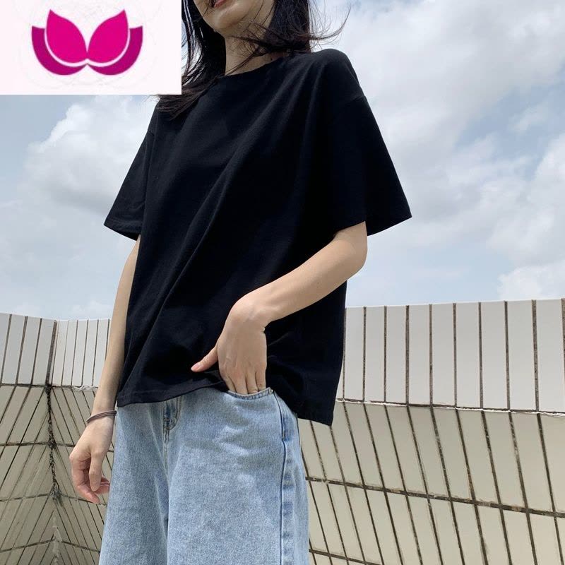 七斓黑色纯色t恤女短袖半袖韩版大码2021夏季宽松白体恤ins打底衫图片