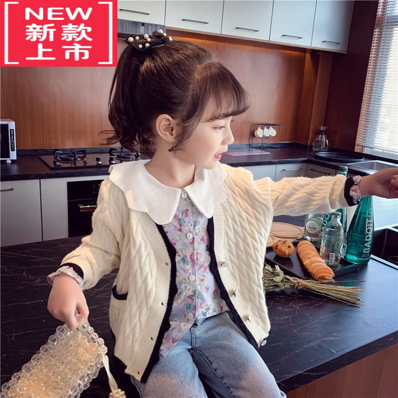 可莉允女童针织开衫春装2022新款儿童韩版V领毛衣外套女孩洋气网红上衣