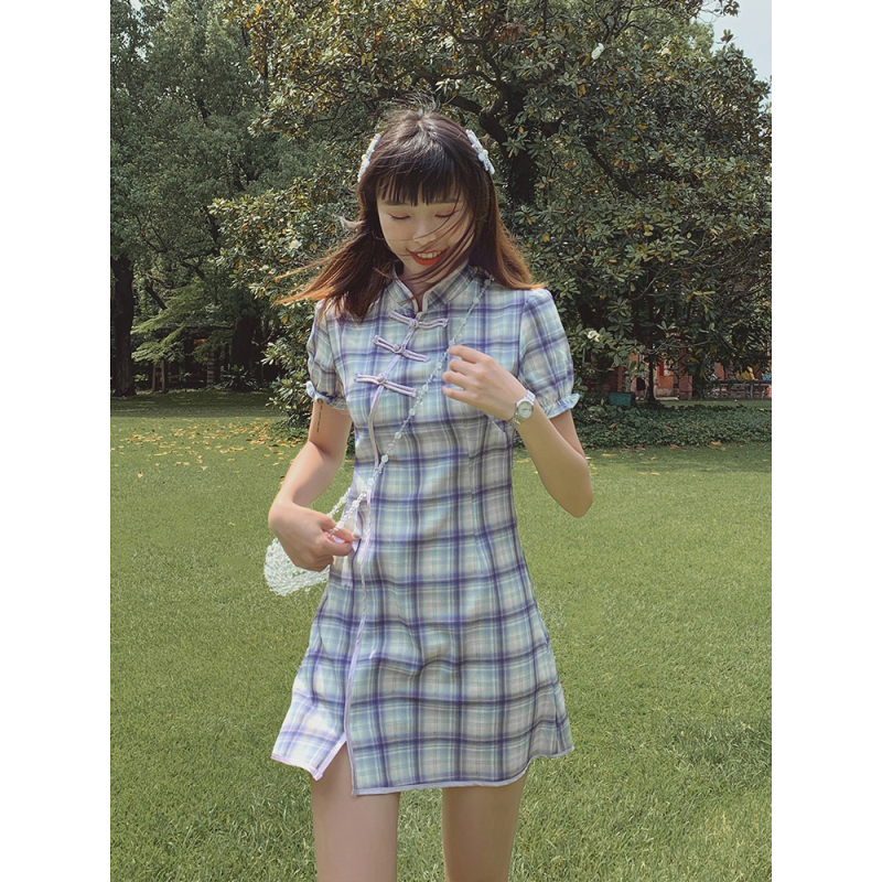 艳如飞日常可穿改良版紫色格子旗袍年轻款夏季中国风少女小个子连衣裙短连衣裙
