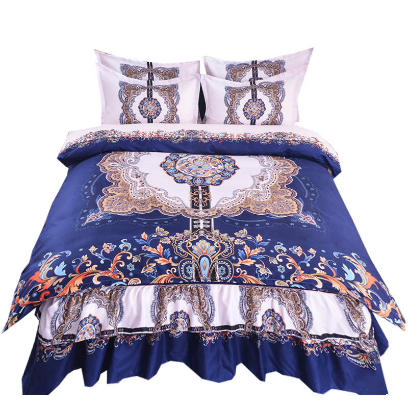 美帮汇中式床裙四件套四季通用中国风复古春秋磨毛床上用品田园床罩大花