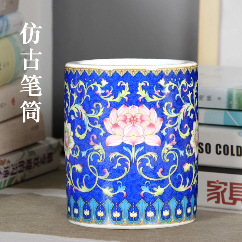 笔筒景德镇陶瓷器摆件 办公室用品 文房四宝书房博古架装饰品摆设 三维工匠 雪景笔筒高清大图