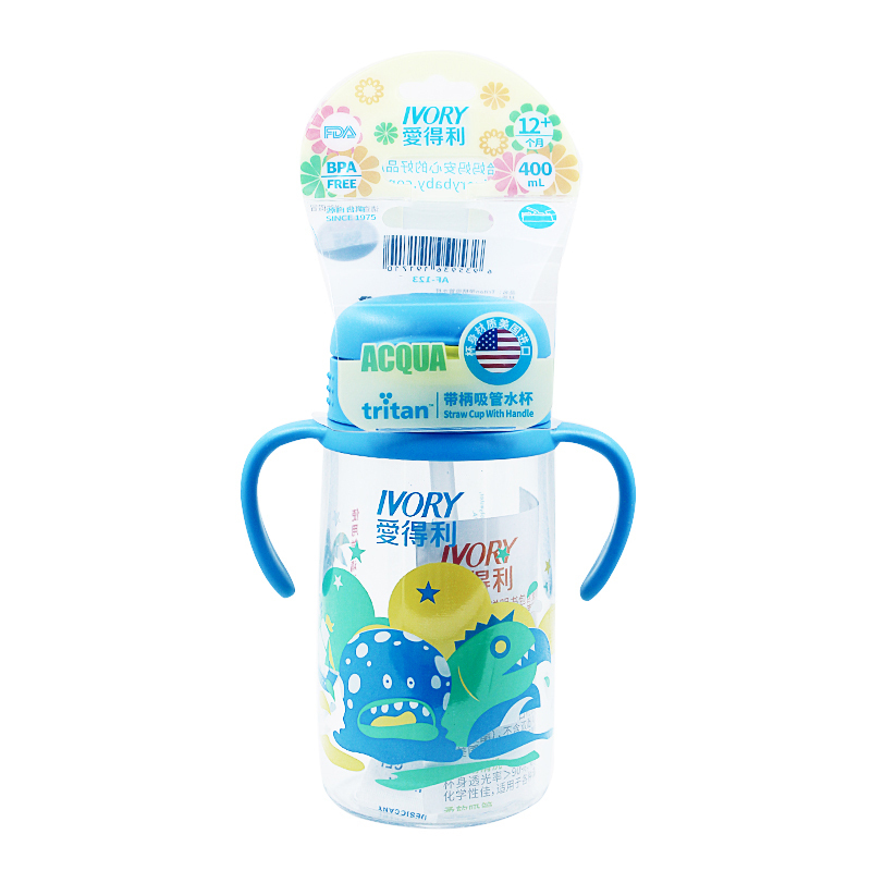 爱得利(IVORY)Tritan特丽透手柄吸管杯水杯400mL 蓝色