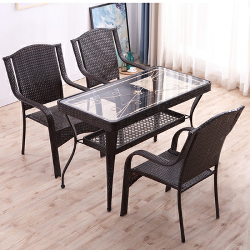 三金鑫 休闲藤桌椅阳台桌椅藤椅现代简约休闲户外椅子茶几组合靠背椅 长方形一桌三椅（深棕色）