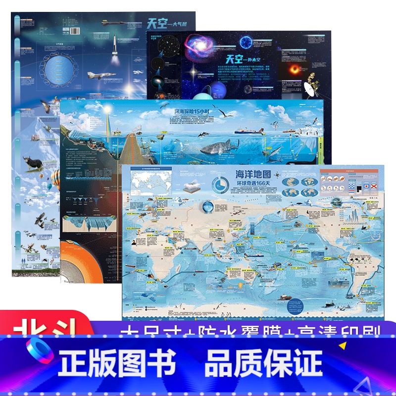 [共4张折叠版]天空+海洋 [正版]共4张天空海洋地图 86*60cm少儿童生物天文气象科普百科启蒙地图墙贴挂画 儿童房