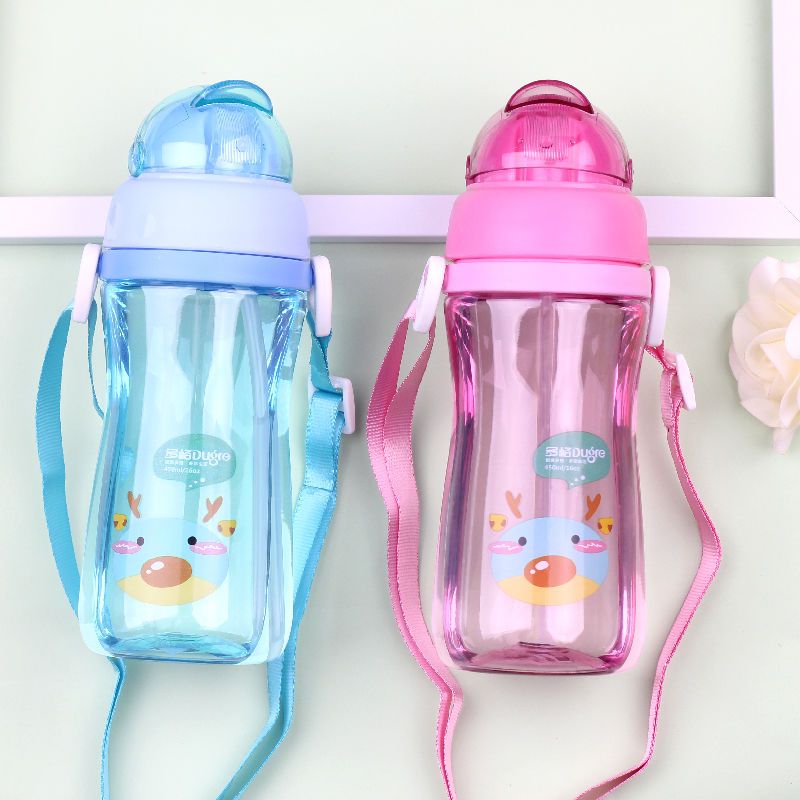 2020网红蓝(手提绳款450ML) 儿童吸管杯宝宝水杯女幼儿园小学生杯子男带背带防漏水壶瓶塑料杯