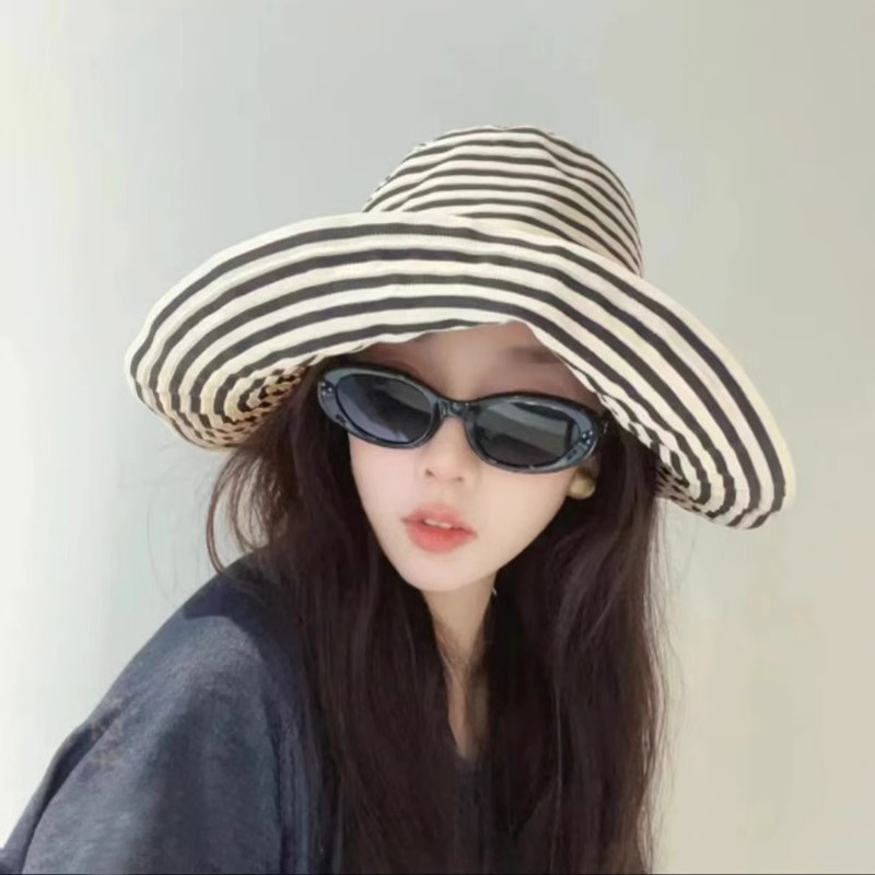 夏季新款日系可折叠条纹渔夫帽防晒帽子时尚优雅复古织带太阳帽女3759A