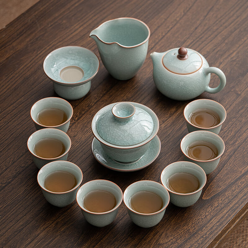 苏氏陶瓷(SUSHI CERAMICS) J0672 汝窑冰花大套组(杯壶盖碗茶漏组) 十二件套 (单位:套)高清大图