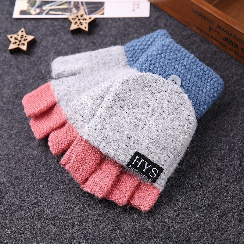 针织半指灰白色均码秋冬款少女护手掌防风手套大童女小学生中学生冬季