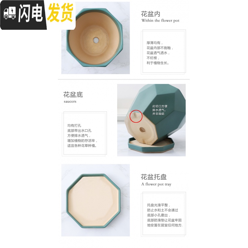 三维工匠陶瓷花盆欧式特大号家用多肉室内简约绿萝客厅吊兰带托盘 翠绿色010罗纹绿色釉面 特大花盆容器高清大图