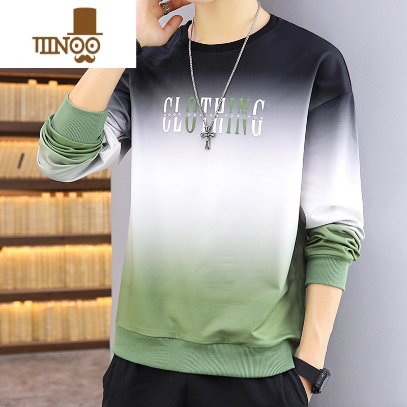 YANXU长袖t恤男士潮牌2023新款装薄款外套宽松上衣潮流渐变卫衣恤 M75-95斤 W21绿色薄款