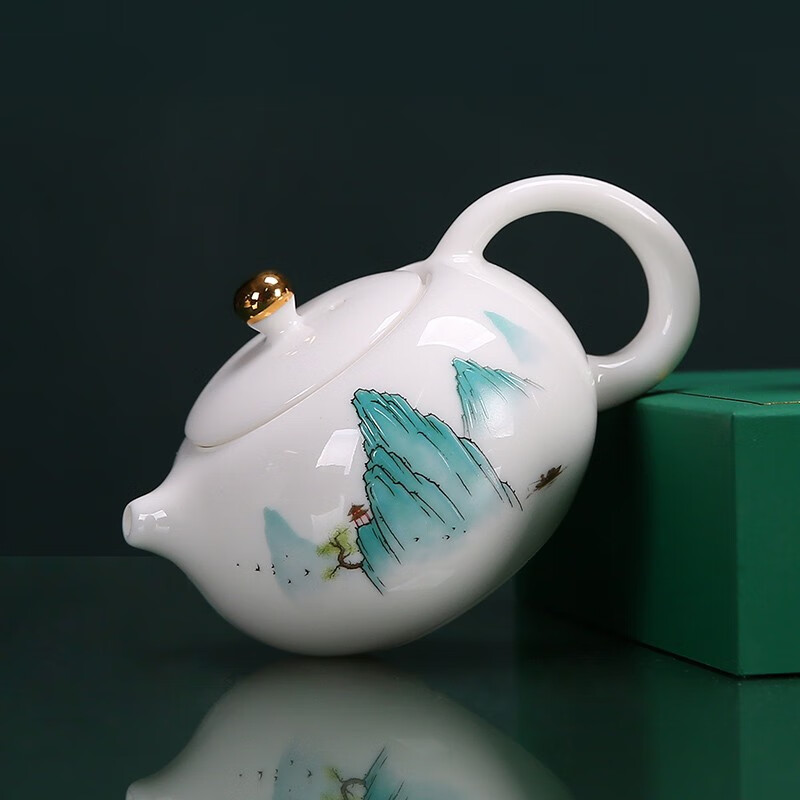 金镶玉 碧水舟行羊脂玉瓷描金套组 功夫茶具套装 陶瓷白瓷泡茶壶盖碗公道杯茶杯礼盒装高清大图