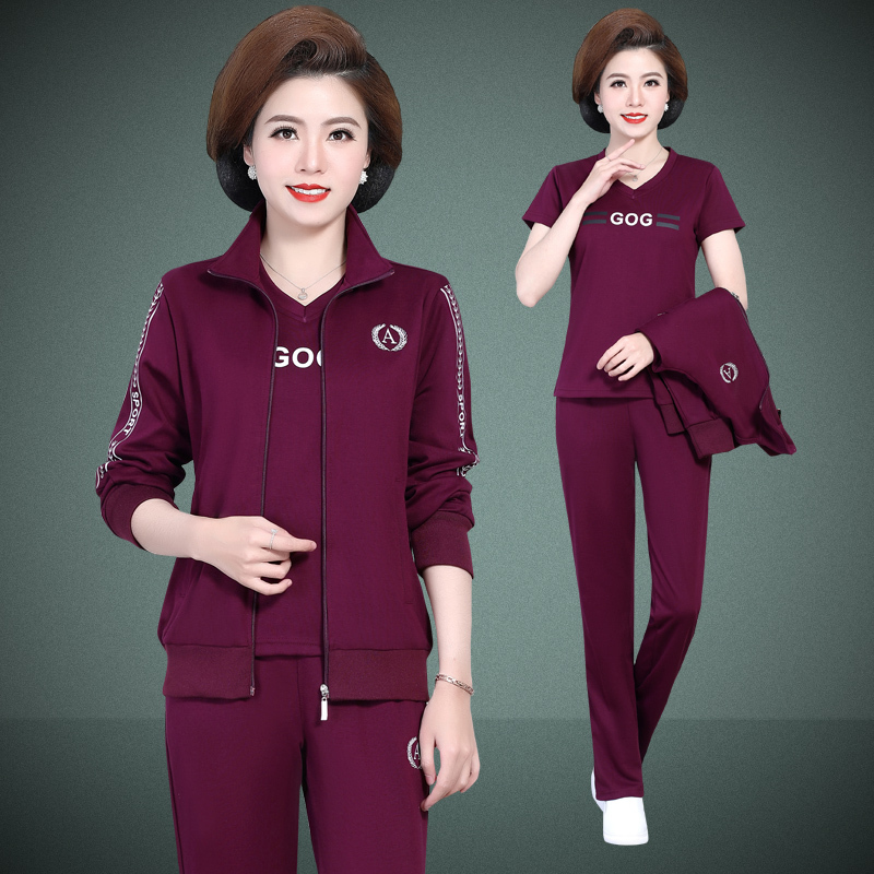 均妮品牌2021新款运动套装女中老年人春秋新款大码宽松中年妇女卫衣休闲妈妈运动服套装长袖棉三件套