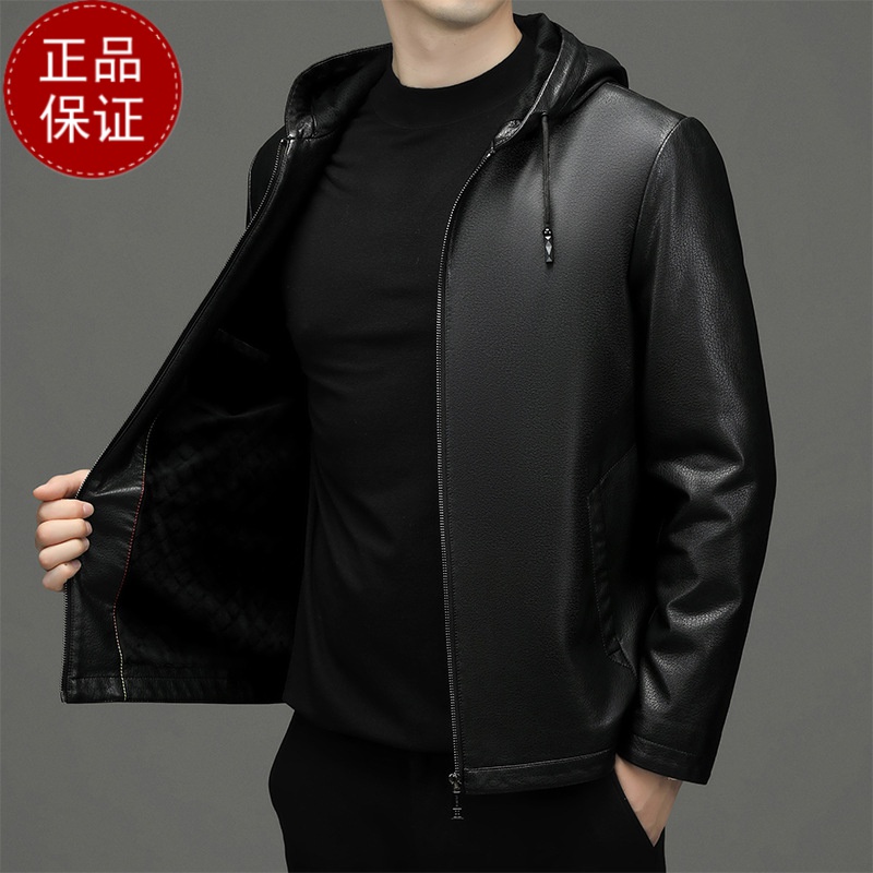 海宁男士真皮皮衣男山羊皮连帽短款青年修身皮夹克潮流韩版外套真皮男羊皮外套春春秋新款休闲百搭连帽黑色加绒皮夹克 黑色（加绒内里） L/175
