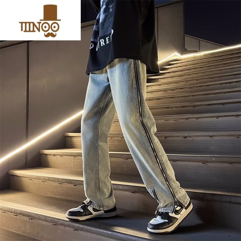 YANXU美式高街vibe牛仔裤男春季潮牌复古宽松直筒水洗做旧拉链牌旧古裤高清大图
