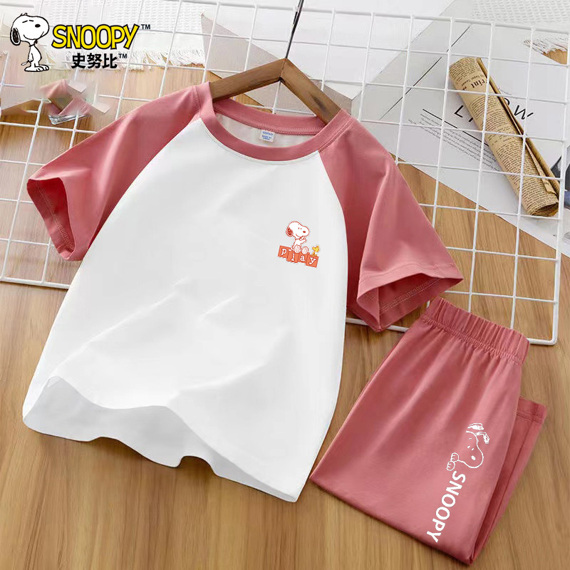 史努比(SNOOPY)儿童套装夏季薄款纯棉短袖女童空调服男孩睡衣休闲家居服套22TI01高清大图