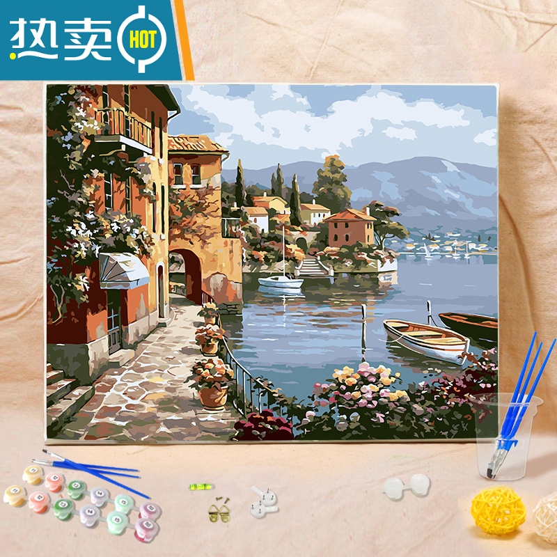 敬平画画diy油彩画 手工挂画填充填色客厅风景成人减压数字油画装饰画装饰画 靠山卧水 2份颜料+6只画笔+彩色画板60*75送木/白/黑色相框礼盒