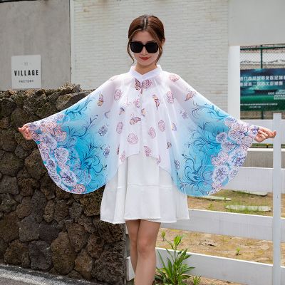腰果花天蓝防晒衣女夏季骑车开车斗篷披肩外套纱巾女士雪纺丝巾
