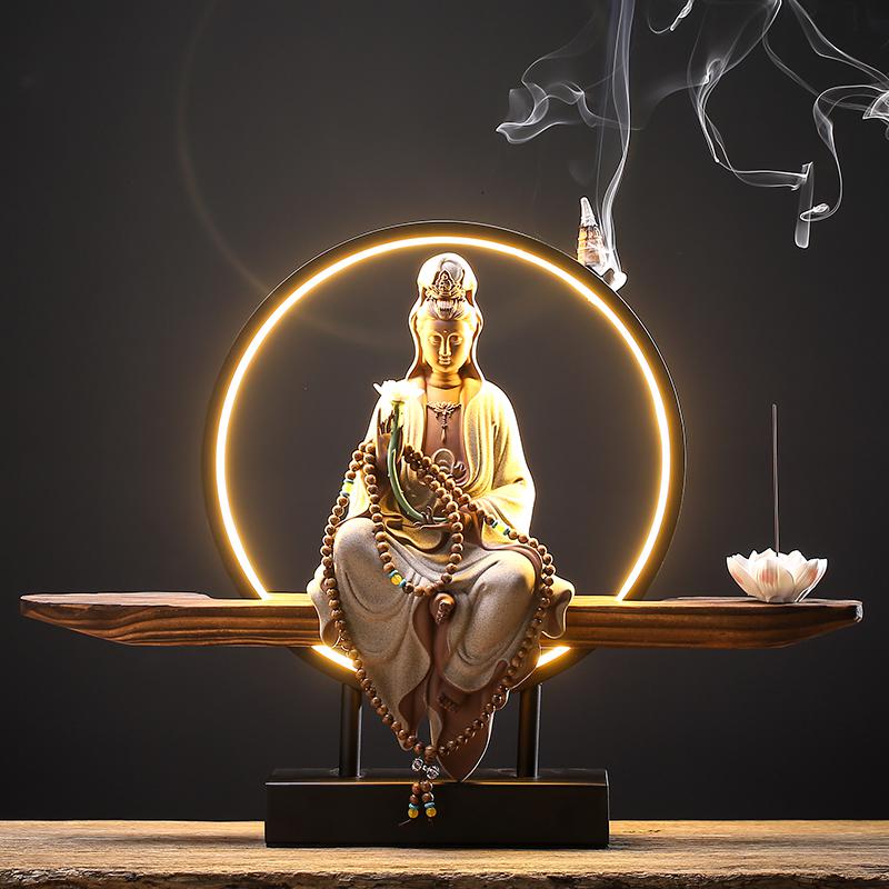 新中式禅意摆件玄关客厅观音佛像陶瓷复古创意倒流香装饰品工艺品收纳袋 三维工匠 持莲观音-彩砂陶（配灯圈底座）_645