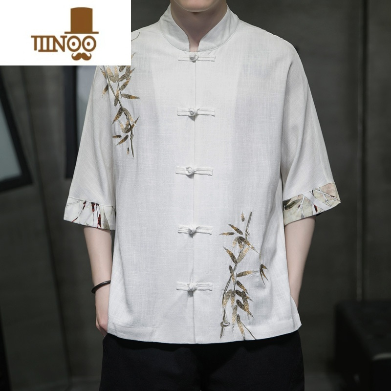 yanxu唐装男中国风夏季棉麻刺绣短袖衬衫潮流宽松汉服大码亚麻长袖