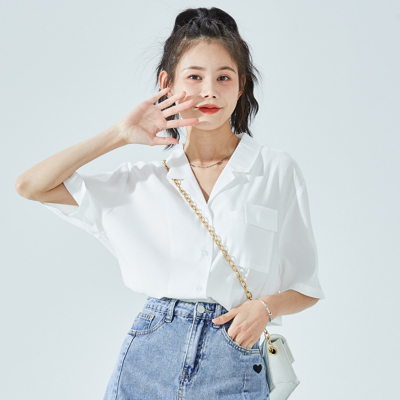 唐狮 夏季衬衫女学院风短袖衬衣jk上衣纯色翻领减龄百搭